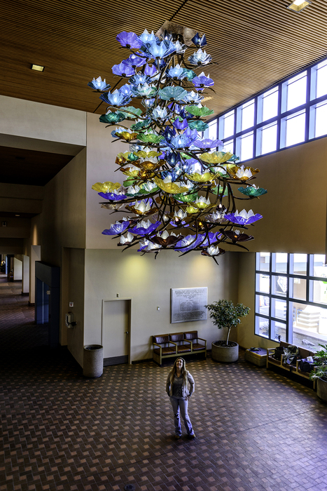 portrait of artist Jezebel underneath Illumination Tree, a large scale sculptural chandelier