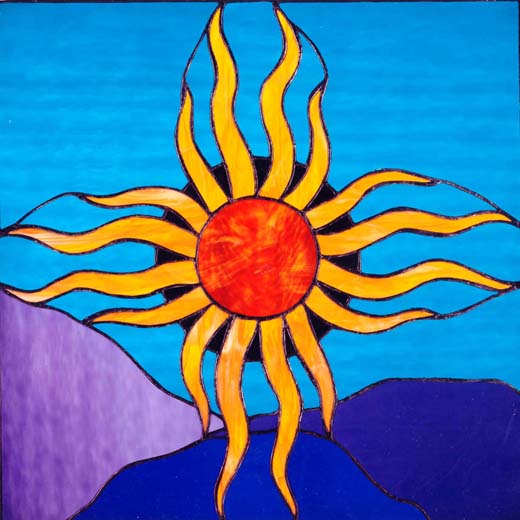Colorful Zia stained glass artwork by Jezebel